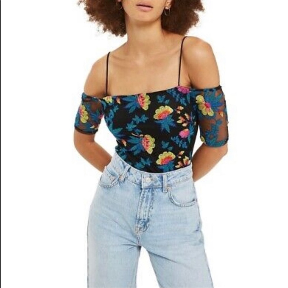 TOPSHOP floral embroidered off shoulder bodysuit